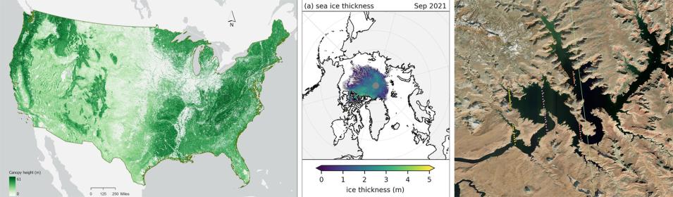 Sample images created from ICESat-2 data: (Left) Gridded canopy height map across the contiguous U.S. (Middle) Monthly Gridded Sea Ice Thickness. (Right) Inland Water Product from April 25, 2023, over Lake Powell, Utah. Credit: NASA's National Snow and Ice Data Center Distributed Active Archive Center (NSIDC DAAC).