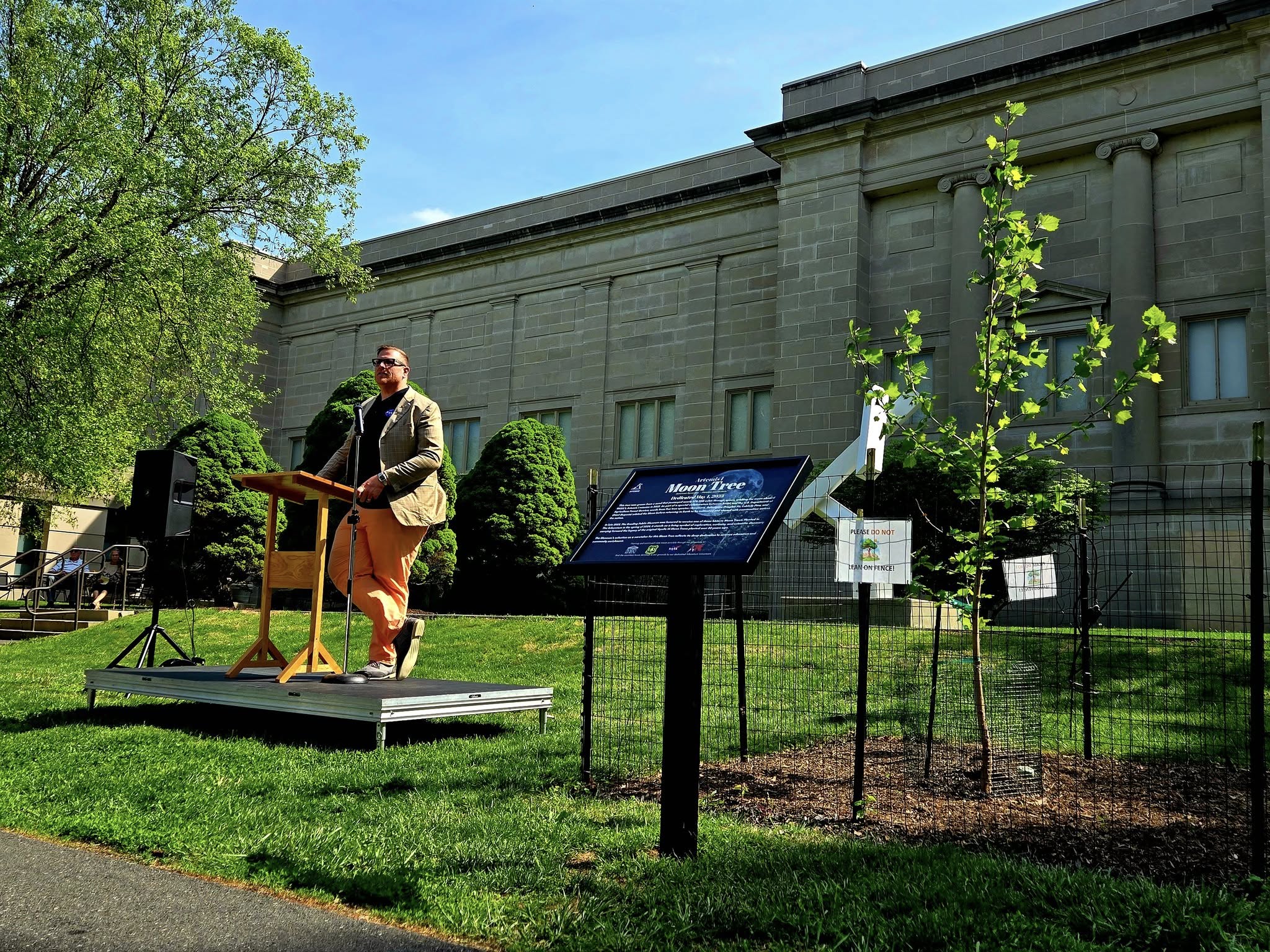 Brian Campbell, ICESat-2 Mission Education Lead, presenting at the Artemis I Moon Tree Ceremony at the Reading Public Museum in Reading, Pennsylvania 