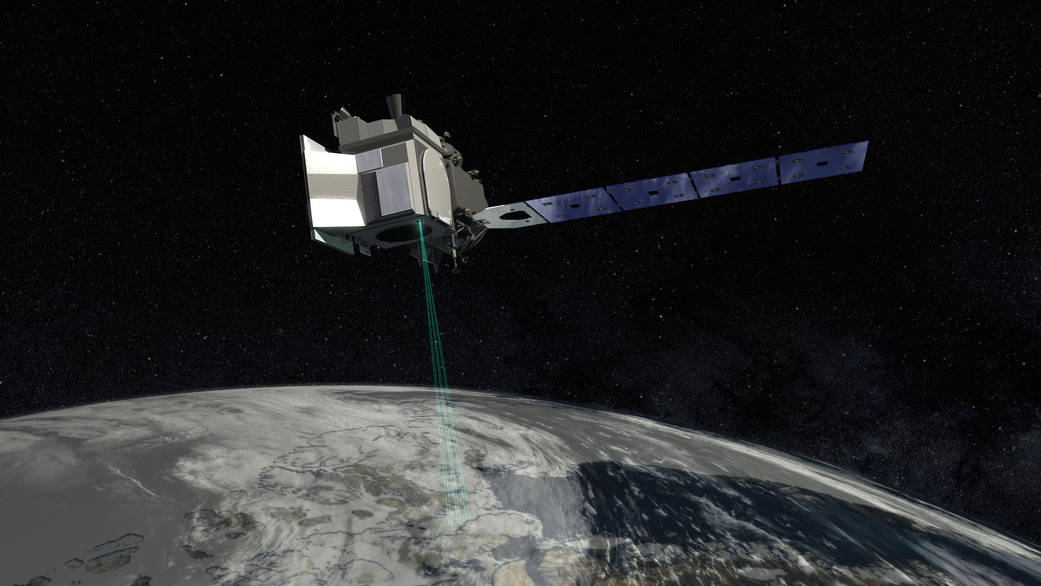 An artist's concept of ICESat-2, with the satellite's laser beams visible as it orbits.